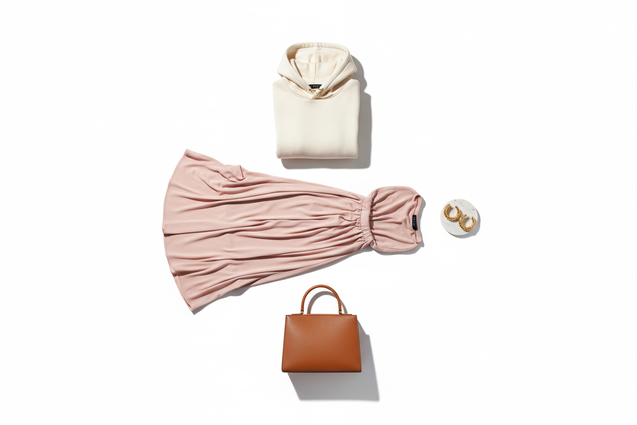 Create square product showcase images for a women’s dropshipping brand “NyraMode”. Show trending fashion items like dresses, hoodies, earrings, handbags. Clean white background, realistic shadows, high-quality ecommerce product photography. 1:1 aspect ratio.
